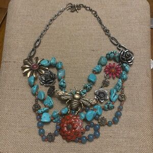 Lucky Brand Statement Enamel Charm Layer Turquoise Brass Necklace 20”